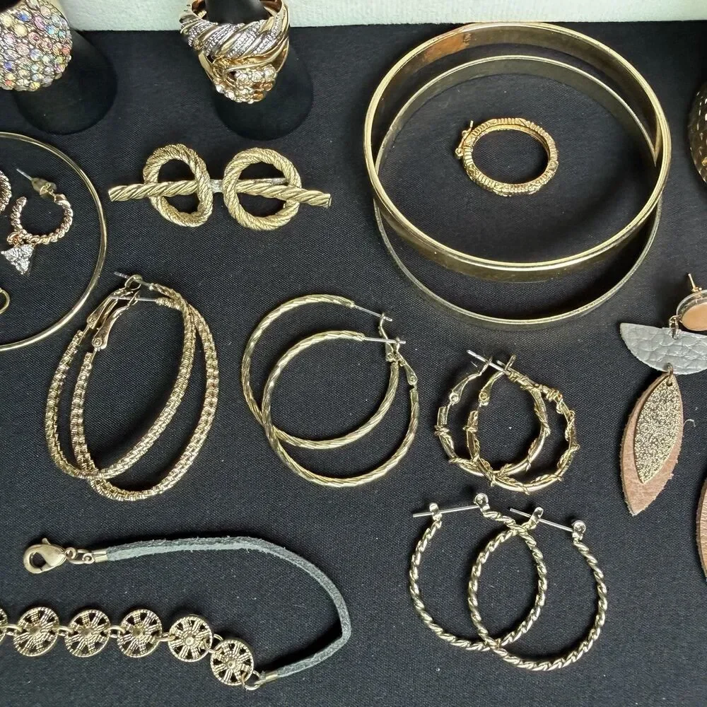 Gold Tone Jewelry Lot Vintage -Now Costume Necklaces Cuff Bracelet Earring Rings